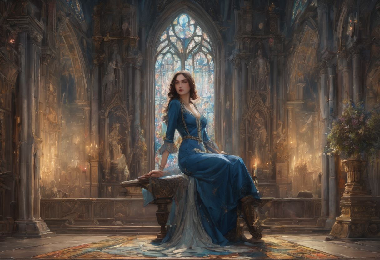 A beautiful woman with long dark hair sits elegantly in an ornate, dimly lit gothic cathedral, painting on a large canvas. She is dressed in a flowing, dark blue gown that adds an ethereal quality to the scene. The cathedral is richly detailed with high arched ceilings, large stained-glass windows, and intricate stonework. The atmosphere is mystical and moody with soft light streaming in through the stained glass, illuminating the scene with pale, colorful glows.
The woman is surrounded by a flock of ravens, some perched on the canvas, others flying around her, adding a sense of dark enchantment to the scene. Her concentrated expression and graceful pose convey a sense of purpose and power, as though her painting is brought to life by magic.
In front of her are various painting supplies   brushes, palettes, and inks   scattered on a wooden table, all illuminated by the soft light. The room's cool tones and shadows are beautifully contrasted with the warm highlights from the light filtering through the stained glass, creating a captivating and surreal atmosphere.
This highly detailed and fantastical scene should be rendered in a realistic yet artistically expressive style, capturing the mystery and allure of a dark, magical moment in a gothic, Renaissance-inspired setting.