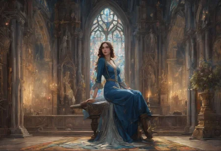 A beautiful woman with long dark hair sits elegantly in an ornate, dimly lit gothic cathedral, painting on a large canvas. She is dressed in a flowing, dark blue gown that adds an ethereal quality to the scene. The cathedral is richly detailed with high arched ceilings, large stained-glass windows, and intricate stonework. The atmosphere is mystical and moody with soft light streaming in through the stained glass, illuminating the scene with pale, colorful glows.
The woman is surrounded by a flock of ravens, some perched on the canvas, others flying around her, adding a sense of dark enchantment to the scene. Her concentrated expression and graceful pose convey a sense of purpose and power, as though her painting is brought to life by magic.
In front of her are various painting supplies   brushes, palettes, and inks   scattered on a wooden table, all illuminated by the soft light. The room's cool tones and shadows are beautifully contrasted with the warm highlights from the light filtering through the stained glass, creating a captivating and surreal atmosphere.
This highly detailed and fantastical scene should be rendered in a realistic yet artistically expressive style, capturing the mystery and allure of a dark, magical moment in a gothic, Renaissance-inspired setting.