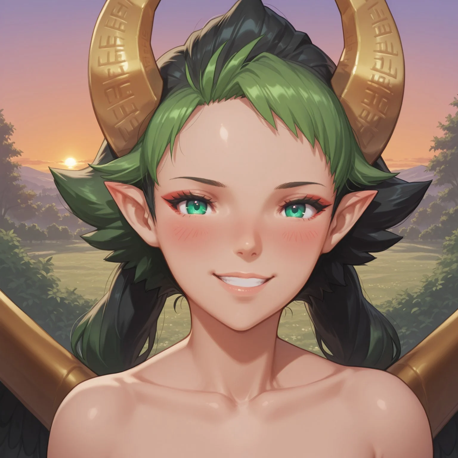 1girl, solo, realistic, (blush, sexy, looking at viewer, smile, twintails, sexy, perfect beauty:1, top-model face,), portrait, looking at viewer, Garuda Dragalia, black and green hair, short hair, green eyes, horns, wings, harpy, feathers,
BREAK, Masatsugu Saito, Garden, sunset, orange sky, purple sky,