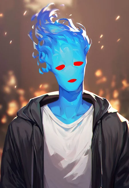 (((beautiful, high quality))), upper Body, score_9, score_8_up, score_7_up,
FireHuman, blue fire, empty eyes, 1male, blue skin, red eyes, black jacket, grey T-shirt,
looking at the viewer, posing, blurred background,