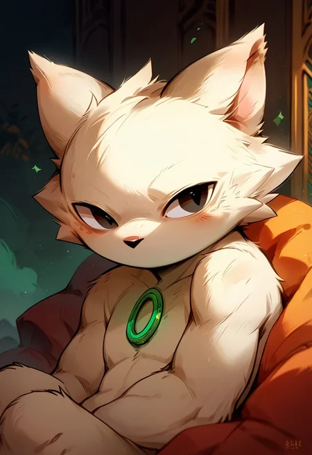 score_9, score_8_up, score_7_up, yi, white fur, green ring on chest, animal ears, furry, furry male, black eyes, body fur, no mouths, reclining, looking away, distracted, cute, fantasy, eye catching