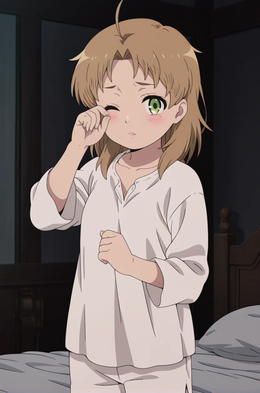 , source_anime, intricate details, masterpiece, high quality, prefect hands, best quality,, 1girl, detailed eyes , solo, anime coloring,
, blush , 
cinematic lighting, 
<lora:rudy_yyy_illustrious:1> rudy, ahoge ,medium hair , brown hair, green eyes , 1girl , gender bender , small breast , lips , eyelashes , , pajamas, white v shirt, white shorts, bed room 
 <lora:rubbing eyes_illustrious_V1.0:1> rubbing eyes, one eye closed