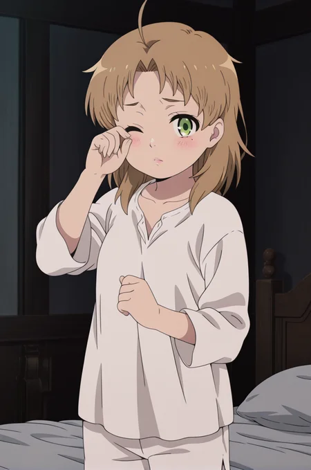 , source_anime, intricate details, masterpiece, high quality, prefect hands, best quality,, 1girl, detailed eyes , solo, anime coloring,
, blush ,
cinematic lighting,
<lora:rudy_yyy_illustrious:1> rudy, ahoge ,medium hair , brown hair, green eyes , 1girl , gender bender , small breast , lips , eyelashes , , pajamas, white v shirt, white shorts, bed room
<lora:rubbing eyes_illustrious_V1.0:1> rubbing eyes, one eye closed
