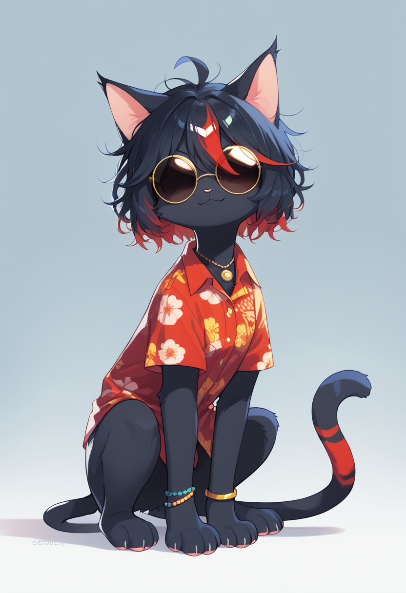 (score_9, score_8_up), score_7_up, score_6_up, best quality, highest quality, (feral), cat, animal, furry, female, solo, full body, official style, (body fur), (black body, black fur, red fur), eyelashes, eyeliner, (black hair, red hair, streaked hair), (messy hair, wild hair, highlights), cat ears, animal nose, sunglasses, round eyewear, hidden eyes, smirk, red stripes, necklace, hawaiian shirt, bracelet, paws, cat tail, clothed feral, offbeatStyle