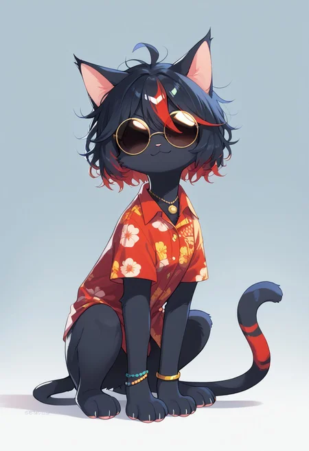 (score_9, score_8_up), score_7_up, score_6_up, best quality, highest quality, (feral), cat, animal, furry, female, solo, full body, official style, (body fur), (black body, black fur, red fur), eyelashes, eyeliner, (black hair, red hair, streaked hair), (messy hair, wild hair, highlights), cat ears, animal nose, sunglasses, round eyewear, hidden eyes, smirk, red stripes, necklace, hawaiian shirt, bracelet, paws, cat tail, clothed feral, offbeatStyle
