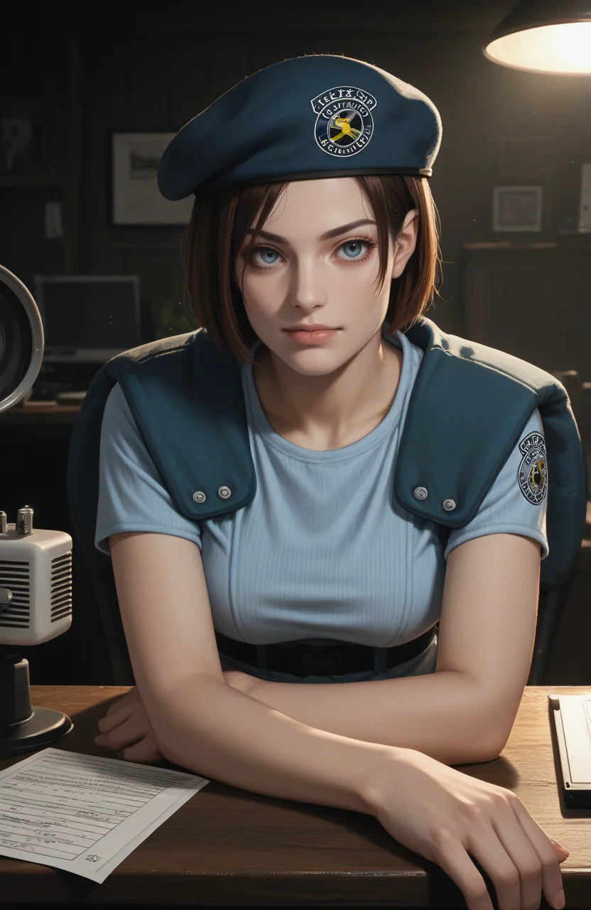 score_9, score_8_up, score_7_up, score_6_up, score_5_up, score_4_up, source_anime, realistic, photoshop \(medium\), <lora:REJill_t1-000022-128:1.0> RE1Jill, blue eyes, brown bob cut, beret, breasts
, looking at typewriter, table
, dark environment, mansion, indoors, moody lighting