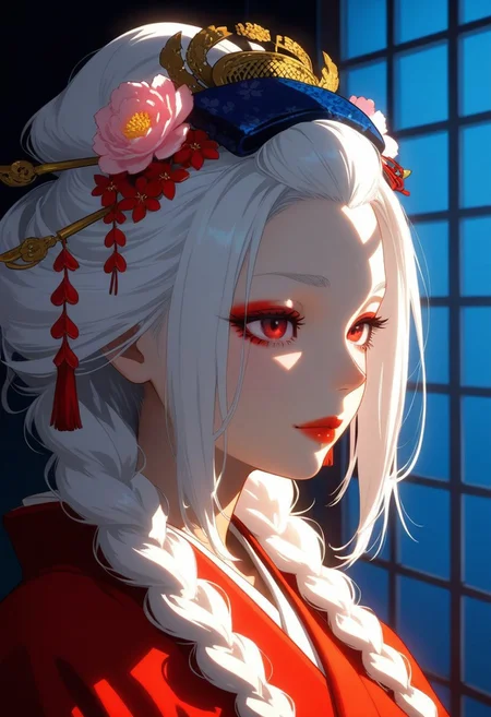 HDR, 8K, high contrast, masterpiece, best quality, amazing quality, very aesthetic, realistic, newest, volumetric lighting, (flat colors:1), no lineart, no outline, ((ecchi)), (nsfw), (finely detailed face), 1girl, solo, white hair, twin braids, long hair, dark-skinned female, geisha, pale skin, makeup, red lips, nihongami, flower, kanzashi, hair ornament, japanese clothes, kimono, red kimono, portrait, indoors, looking ahead, red eyes, blue hairband, dark, shadow, night, lips, eyelashes, light smile, closed mouth