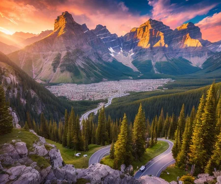 epic painting of Banff, Alberta at sunrise, <hypernet:longexposure:1>, hd, high octane render, smooth