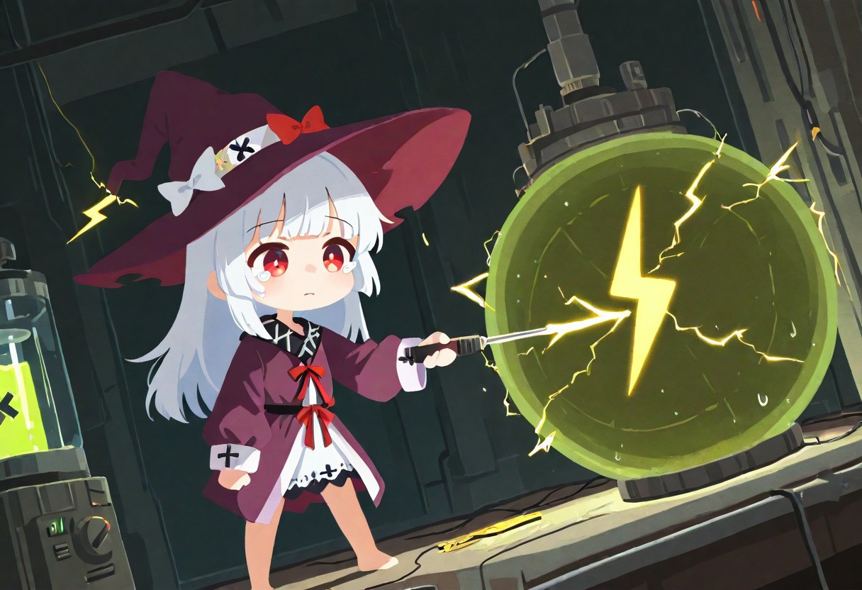 ((dumb_witch, barefoot, uncovered_legs, red_eyes, white_long_hair, hime_cut, witch_clothes, huge_hat, purple_robe, puffy_long_sleeves, white_dress, dress_under_robe, clothes_decorations, red_ribbon, chibi, chibi only, big head, mini person):1.3)
, (1girl, solo, indoors, laboratory background, excessive amount of sweat, sweaty, tears, teardrop, anime girl in laboratory, parody, holding, holding screwdriver, screwdriver, radiation, (cherenkov radiation:1.5), cowboy shot, side view)
, ((no lineart, flat color, Buzz211, made of electricity, glowing, made of tiny lightning bolt symbols, electricity, lightning bolt symbol):1.3)
, (score_9, score_8_up, score_7_up, score_6_up, masterpiece, best quality, newest, amazing quality, highres, enhanced colors,  colored shadows, smooth edges, dynamic angle, wide shot, blending)