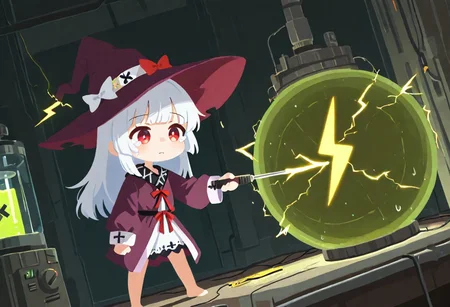 ((dumb_witch, barefoot, uncovered_legs, red_eyes, white_long_hair, hime_cut, witch_clothes, huge_hat, purple_robe, puffy_long_sleeves, white_dress, dress_under_robe, clothes_decorations, red_ribbon, chibi, chibi only, big head, mini person):1.3)
, (1girl, solo, indoors, laboratory background, excessive amount of sweat, sweaty, tears, teardrop, anime girl in laboratory, parody, holding, holding screwdriver, screwdriver, radiation, (cherenkov radiation:1.5), cowboy shot, side view)
, ((no lineart, flat color, Buzz211, made of electricity, glowing, made of tiny lightning bolt symbols, electricity, lightning bolt symbol):1.3)
, (score_9, score_8_up, score_7_up, score_6_up, masterpiece, best quality, newest, amazing quality, highres, enhanced colors,  colored shadows, smooth edges, dynamic angle, wide shot, blending)