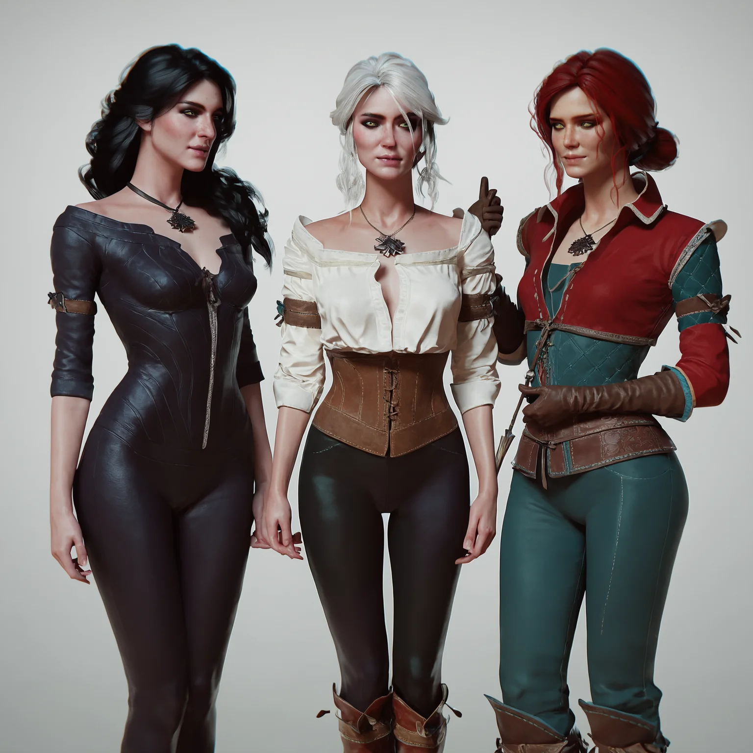 score_9,score_8_up,score_7_up,score_6_up, ciri_w3, yennifer_w3, triss_w3, witcher 3, three girls, <lora:Concept Art Twilight Style SDXL_LoRA_Pony Diffusion V6 XL:0.8>, concept art, medium shot, cowboy shot, <lora:witcher3_ciri_yen_triss_pony:0.5>