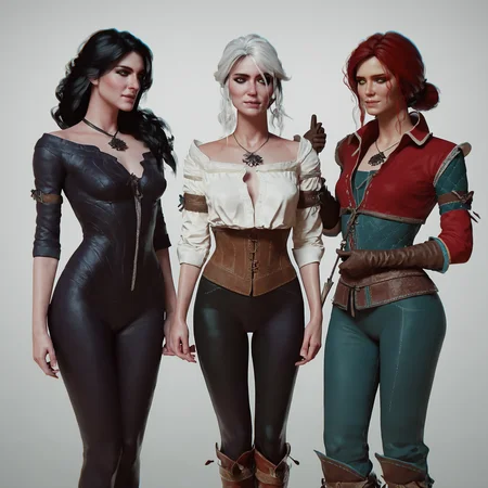 score_9,score_8_up,score_7_up,score_6_up, ciri_w3, yennifer_w3, triss_w3, witcher 3,  three girls, <lora:Concept Art Twilight Style SDXL_LoRA_Pony Diffusion V6 XL:0.8>, concept art, medium shot, cowboy shot, <lora:witcher3_ciri_yen_triss_pony:0.5>