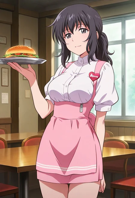 1girl, solo, masterpiece, best quality, anime screenshot, sachi, black hair, black eyes, long hair, low ponytail, bangs, medium breasts,light smile,
long hair,BREAK anna miller, waitress,name tag,high-waist skirt,suspender skirt, pink skirt, white shirt, short sleeves, white shirt, puffy sleeves, apron,restaurant,indoor, table, chair, window, hand up, holding plate, thigh gap, standing,,cowboy shot,