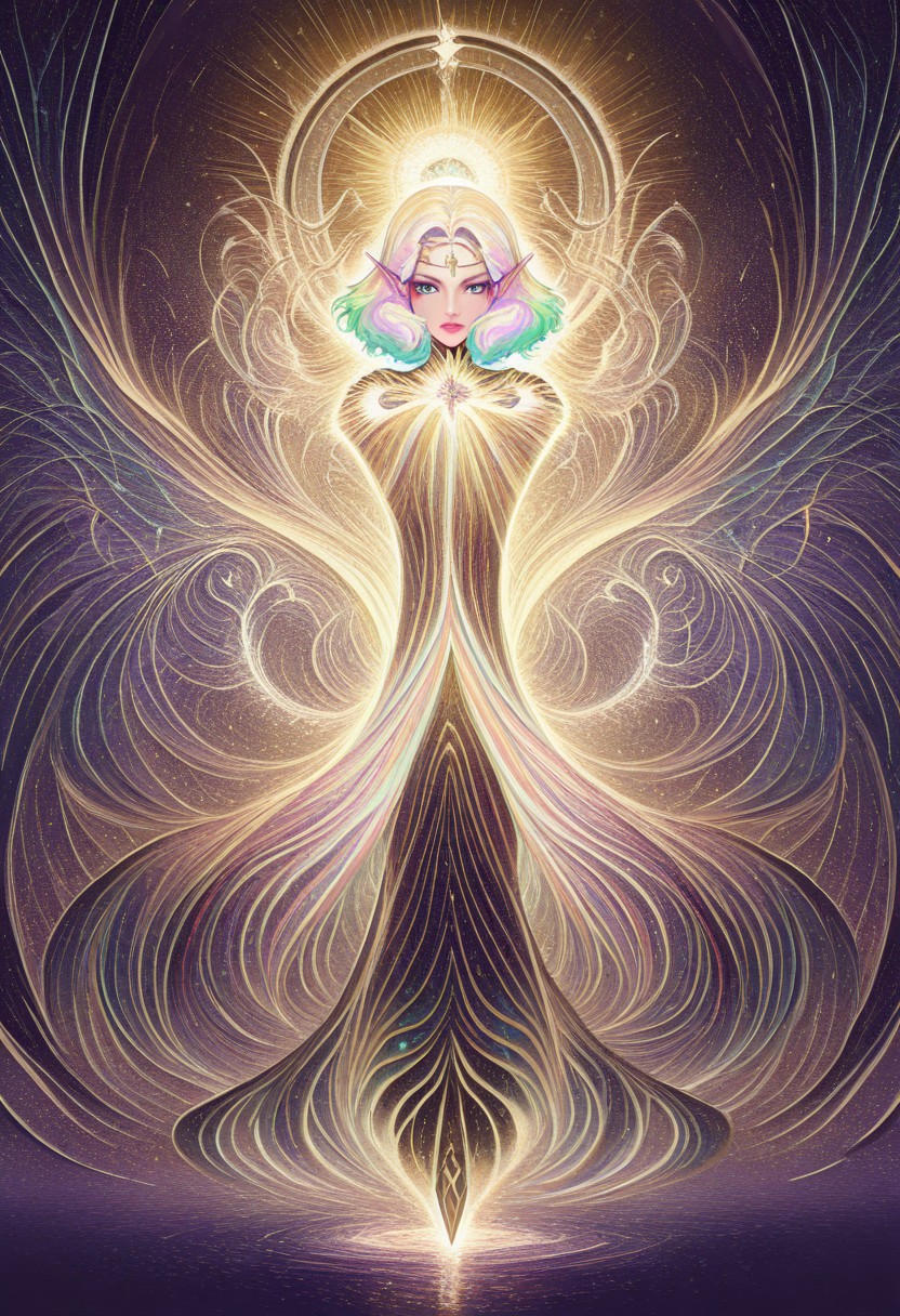 masterpiece, best quality, amazing quality, very aesthetic, absurd res, intricate details, 4k, semi realistic, cartoon, fantasy, energy around, aura, dynamic pose, fighting stance, beautiful woman, multicolored hair, rainbow colors, divine, score_9, score_8_up, ral-czmcrnbw, <lora:AMarvelRivals_style:1>, marvelrivals. Solara is a radiant and ethereal warrior with voluminous, fluffy hair that cascades in wild waves, blending seamlessly into a vibrant mix of colors—fiery orange, golden yellow, deep magenta, and streaks of electric blue, violet, and emerald green. Her hair seems to glow faintly, shifting hues depending on the light around her, embodying the full spectrum of the rainbow.
Her skin has a soft, warm yellow hue. Bright white markings swirl across her forehead, cheeks, and the bridge of her nose, forming intricate, almost celestial patterns that glow subtly when she calls upon her power. Her ears are long and pointed, resembling those of an elf, adding to her otherworldly presence.
Her lips are a strikingly bright color—either a bold fuchsia or a radiant gold—standing out against her sun-kissed skin. Her piercing blue eyes shimmer with inner brilliance, reflecting the vast spectrum of light she wields.
She wears sleek, form-fitting black armor with golden accents, exuding both elegance and strength. A flowing black cape billows behind her, its edges constantly shifting in prismatic hues, mirroring her light-wielding abilities.
Solara commands the full power of the rainbow. She is capable of creating dazzling constructs, weaving beams of multicolored energy, and bathing battlefields in mesmerizing, shifting light. Her very presence seems to bring warmth and illumination, as though she carries a piece of the sun wherever she walks.