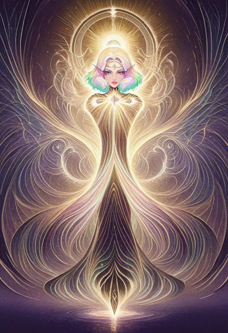 masterpiece, best quality, amazing quality, very aesthetic, absurd res, intricate details, 4k, semi realistic, cartoon, fantasy, energy around, aura, dynamic pose, fighting stance, beautiful woman, multicolored hair, rainbow colors, divine, score_9, score_8_up, ral-czmcrnbw, <lora:AMarvelRivals_style:1>, marvelrivals. Solara is a radiant and ethereal warrior with voluminous, fluffy hair that cascades in wild waves, blending seamlessly into a vibrant mix of colors—fiery orange, golden yellow, deep magenta, and streaks of electric blue, violet, and emerald green. Her hair seems to glow faintly, shifting hues depending on the light around her, embodying the full spectrum of the rainbow.
Her skin has a soft, warm yellow hue. Bright white markings swirl across her forehead, cheeks, and the bridge of her nose, forming intricate, almost celestial patterns that glow subtly when she calls upon her power. Her ears are long and pointed, resembling those of an elf, adding to her otherworldly presence.
Her lips are a strikingly bright color—either a bold fuchsia or a radiant gold—standing out against her sun-kissed skin. Her piercing blue eyes shimmer with inner brilliance, reflecting the vast spectrum of light she wields.
She wears sleek, form-fitting black armor with golden accents, exuding both elegance and strength. A flowing black cape billows behind her, its edges constantly shifting in prismatic hues, mirroring her light-wielding abilities.
Solara commands the full power of the rainbow. She is capable of creating dazzling constructs, weaving beams of multicolored energy, and bathing battlefields in mesmerizing, shifting light. Her very presence seems to bring warmth and illumination, as though she carries a piece of the sun wherever she walks.
