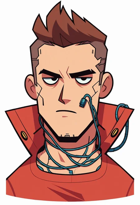 2zdxxps, 1boy, male focus, solo, brown hair, shirt, closed mouth, red shirt, full body, on back, laying, futuristic cartoon, wires, cyberpunk, denim pants, upper body, dazed, simple background, white background, cutoff,, 2 dimensional, flat color, cel shading, source_cartoon, vector art, score_9, score_8_up,