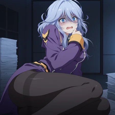 masterpiece, best quality, amazing quality, anime screencap, 1girl, solo, indoors, dark room, paper stack, despair, turn pale, tears, @_@, <lora:shiony:0.9>, shiony regis, blue hair, blue eyes, purple military uniform, black pantyhose, medium breasts, thick thighs,