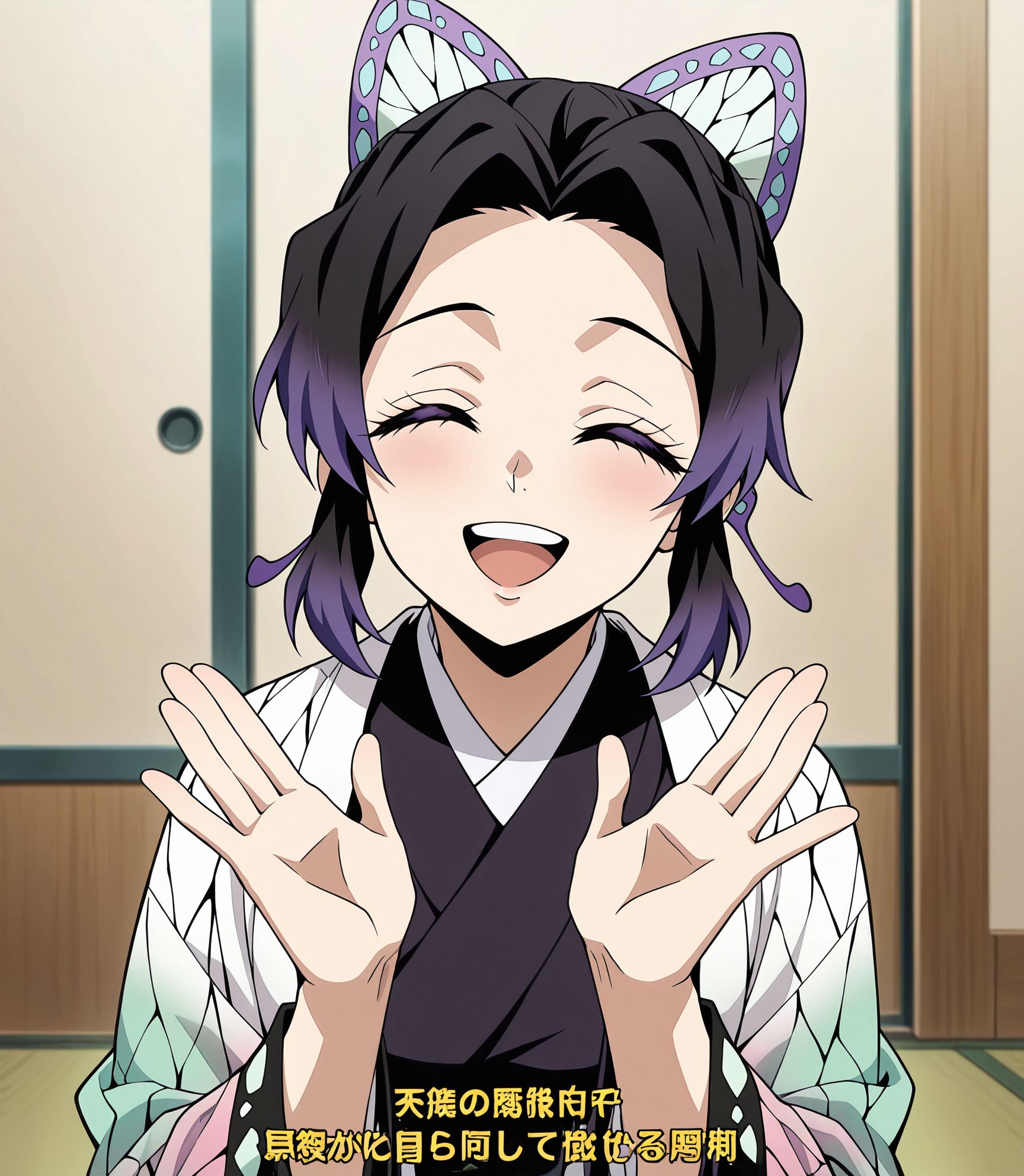 masterpiece, best quality, newest, absurdres, highres, detailed eyes, beautiful, detailed background, perfect eyes, anime coloring, anime screencap,
<lora:My_dad_got_the_MVP:0.6>My dad got the MVP,Reach out,
Got the MVP, (Hands raised with palms) facing outward,half-closed eyes, 
1boy, male focus,smile,open mouth,indoors, sitting, (waving 2hands:1.2), 
shirt,solo,closed eyes,holding,subtitled,meme,upper body, 
kochou shinobu, kimetsu no yaiba, official art, kimono,