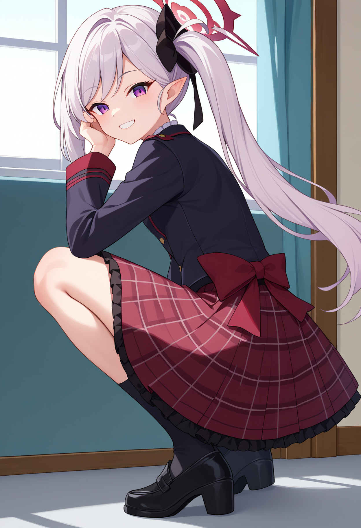 score_9, score_8_up, score_7_up, source_anime,
BREAK
1girl, solo, 
<lora:shiMutsukiTrainingV1:1.0>, shianimemitsuki, long hair, purple eyes, pointy ears, white hair, side ponytail, black scrunchie, red halo,
long sleeves, black jacket, red ribbon, 
red skirt, frilled skirt, plaid skirt, black socks, black footwear, 
looking at viewer, smile, squatting, indoors, hand on own face,