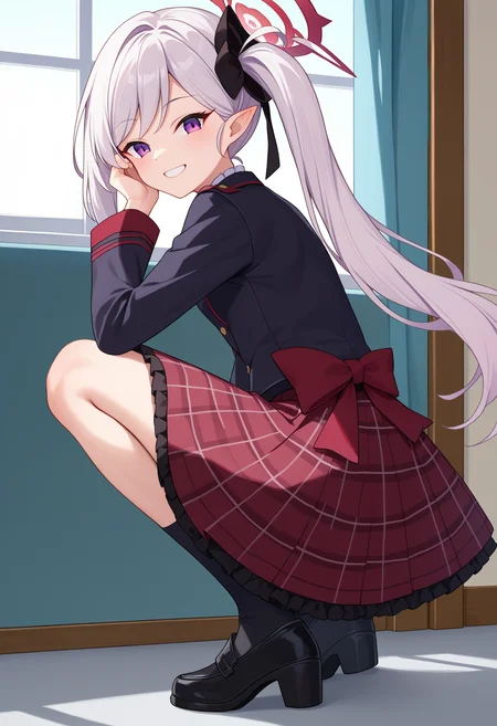score_9, score_8_up, score_7_up, source_anime,
BREAK
1girl, solo,
<lora:shiMutsukiTrainingV1:1.0>, shianimemitsuki, long hair, purple eyes, pointy ears, white hair, side ponytail, black scrunchie, red halo,
long sleeves, black jacket, red ribbon,
red skirt, frilled skirt, plaid skirt, black socks, black footwear,
looking at viewer, smile, squatting, indoors, hand on own face,