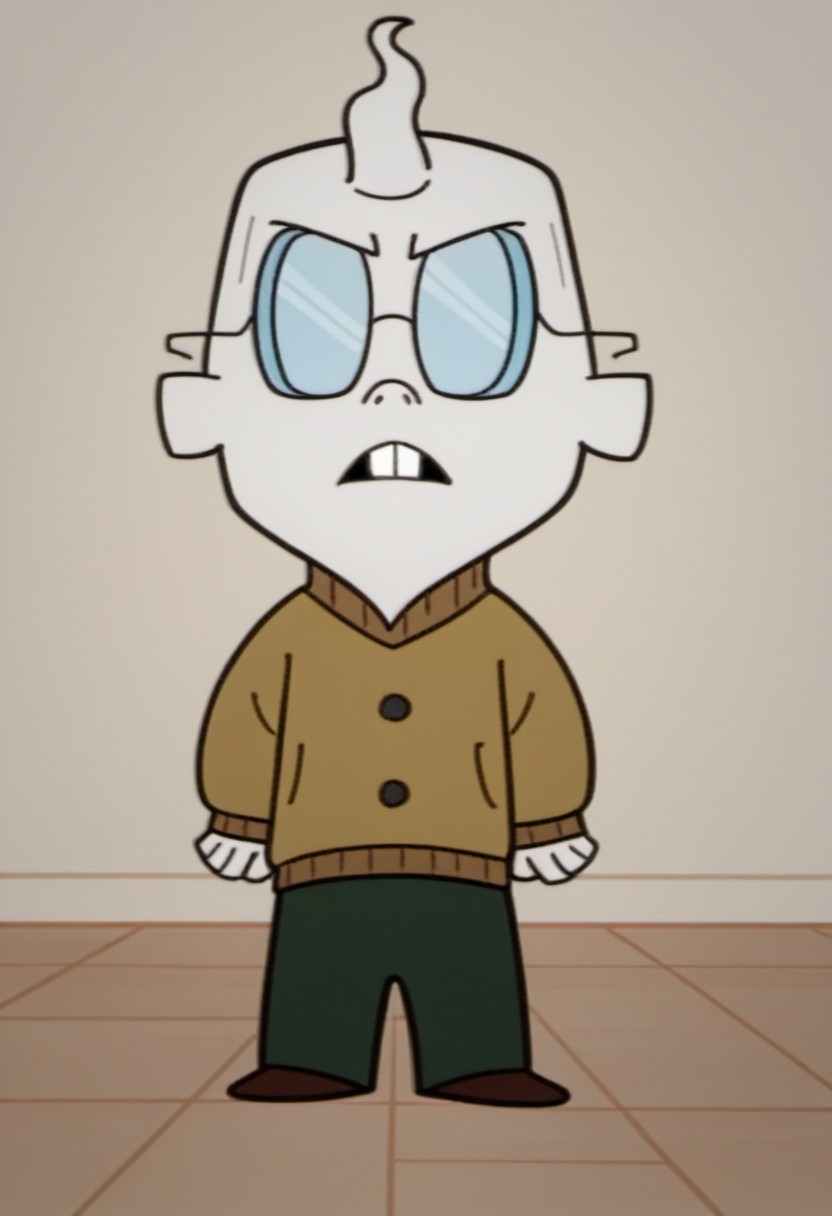 score_9, score_8_up, score_7_up, Solo, one character, front view, full body,
first  character, 1boy, ElmerSkloo, single lock of curly hair, protruding front tooth, button nose, round opaque glasses, beige sweater, dark green pants, brown shoes,