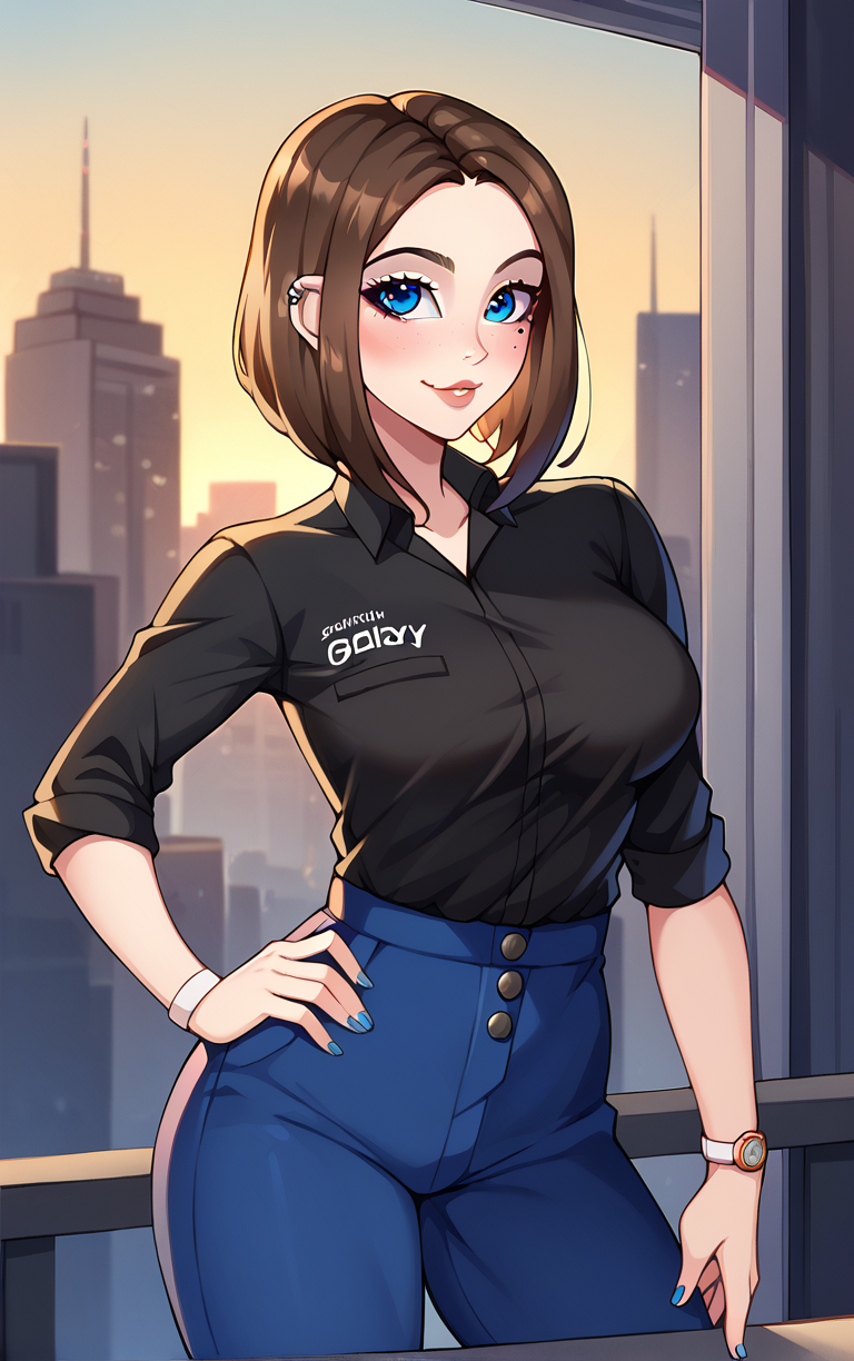 score_9, score_8_up, score_7_up, BREAK
MEME_SamsungSam_ownwaifu, samsung sam,
1girl, blue eyes, brown hair, eyelashes, freckles, makeup, medium hair, mole under eye, short hair, nail polish, blue nails, watch, wristwatch, ear piercing, breasts, piercing, jewelry, lips, large breasts,  earrings, sleeves rolled up, parted bangs, buttons, collarbone, sleeves pushed up, forehead,
black shirt, blue pants, clothes writing, jeans, collared shirt, denim, cleavage, high-waist pants, shirt tucked in,
(contrapposto, hand on hip), sunset, sidelighting, cityscape, vanishing point, outdoors, <lora:PONYXL_MEME_SamsungSam_ownwaifu:1> , depth of field, solo,