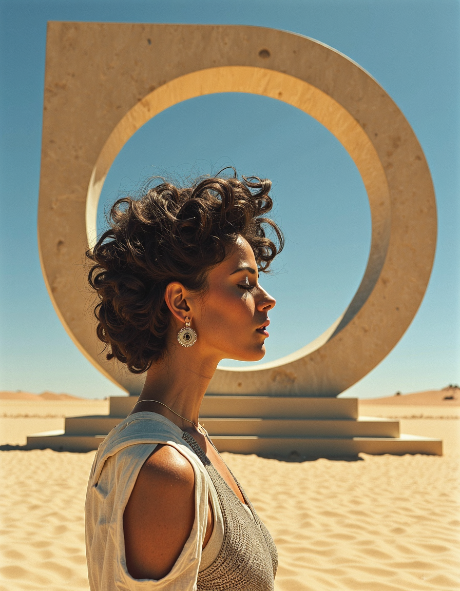 surreal abstract dream of British model with curly dark hair and full lips at Geometric sculpture in desert landscape, harsh midday sun eliminating almost all shadows except for a small, sharp dark area, minimalist color scheme of sand tones and sky blue,