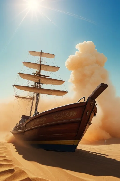 (ultra high res:1.4), (masterpiece), (beautiful lighting:1.4) , raw movie poster, (masterpiece, best quality:1.5), dessert, sand ,sunny, sandstorm, sun, sky, wooden boat in sand with paddle, winds,