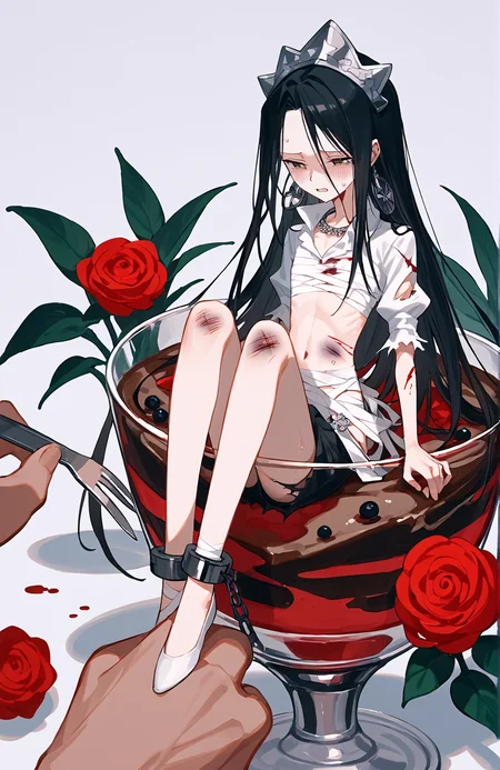 score_9,score_8_up,score_7_up,source_anime,rating_explicit,masterpiece,best quality,absurdres,very aesthetic,in cup,in container,miniperson,princess_hao,1boy,((miniperson)),<lora:princesshao_v1:1.2>,(((skinny))),black long hair,(((thin legs))),bruise,torn clothes,injury,blood,((bandages)),defeat,ryona,collar,shackles,heavy breathing,size difference,rose,black hair,solo focus,<lora:spinCupXLPony:1>,minigirl,dining table,cake slice,plant,fork and knife,