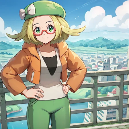 score_9, score_8_up, score_7_up, score_6_up, score_5_up, score_4_up, <lora:Bianca_Pokemon_BW2:1>, biancabw2,1girl, solo, blonde hair, beret, orange jacket, open jacket, white shirt, smile, glasses, outdoors, cityscape, white bow, hat bow, green hat, green pants,, green eyes, breasts, standing, hands on hips,