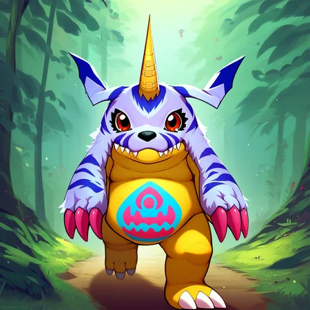 score_9, score_8_up, score_7_up, score_6_up, score_5_up, score_4_up, gabumon, digimon, single horn, claws, red eyes, sharp teeth, creature, monster, chubby, pudgy belly, blue and pink markings on belly, blue fur pelt, yellow body, three toes, outside, forest background, forest scenery, wandering in the forest, walking, looking at viewer, smiling