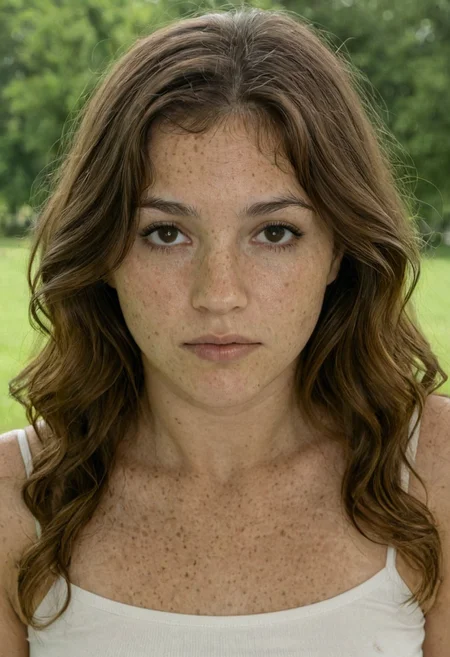 Portrait of a woman with long wavy brown hair, natural skin with visible pores and slight imperfections, matte texture, subtle freckles, soft and diffused natural lighting, wearing a white spaghetti strap top, blurred park background with green grass and trees, professional photographic style, realistic details, natural tones, no glossy finish, 8k resolution