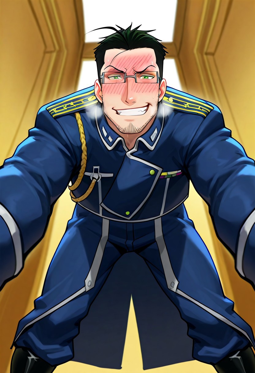 score_9, score_8_up, score_7_up, score_6_up, perfect anatomy, perfect proportions, best quality, masterpiece, high_resolution, high quality, best aesthetic, incredibly absurdres, highres, extremely detailed, huge filesize, solo male, adult, mature, masculine, manly, handsome, charming, alluring, alluring, heroic, triumphant, grim, stern, upper body, dutch angle, cowboy shot, perfect face, source_amine, amine coloring, BREAK Maes Hughes, FMAHughes, black hair, ahoge, hazel-green eyes, sideburns, facial hair, chinstrap stubble, jawline stubble, rectangular glasses, FMAHughes_outfit01, Amestrian State Military uniform, blue Alchemist jacket, blue jacket, overlap jacket, blue Alchemist pants\, blue pants, (blue Amestrian butt cape \(Fullmetal Alchemist\)), grey waistband, black boots, grin, smirk, nervous, embarrassed, awkward, sweaty, erotic, kinky, lewd, seductive, heavy breathing, cute expressive face, bashful, blushing, BREAK on top of viewer focus, legs apart, leaning forward, expressive face, looking down at viewer, bend over, from below, dynamic angle, foreshortening, pov, intricately detailed illustration, atmospheric perspective, depth of field, newest, seductive_pose, BREAK shading, countershading, detailed shading, detailed skin, realistic shading, intricate details, movie still, vibrant, vivid, stardom, glamorous, extraordinary achievement, award-winning, expressionist, cinematic still, emotional, cinemascope, moody, epic, gorgeous