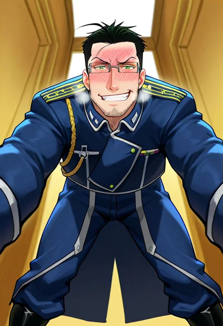 score_9, score_8_up, score_7_up, score_6_up, perfect anatomy, perfect proportions, best quality, masterpiece, high_resolution, high quality, best aesthetic, incredibly absurdres, highres, extremely detailed, huge filesize, solo male, adult, mature, masculine, manly, handsome, charming, alluring, alluring, heroic, triumphant, grim, stern, upper body, dutch angle, cowboy shot, perfect face, source_amine, amine coloring, BREAK Maes Hughes, FMAHughes, black hair, ahoge, hazel-green eyes, sideburns, facial hair, chinstrap stubble, jawline stubble, rectangular glasses, FMAHughes_outfit01, Amestrian State Military uniform, blue Alchemist jacket, blue jacket, overlap jacket, blue Alchemist pants\, blue pants, (blue Amestrian butt cape \(Fullmetal Alchemist\)), grey waistband, black boots, grin, smirk, nervous, embarrassed, awkward, sweaty, erotic, kinky, lewd, seductive, heavy breathing, cute expressive face, bashful, blushing, BREAK on top of viewer focus, legs apart, leaning forward, expressive face, looking down at viewer, bend over, from below, dynamic angle, foreshortening, pov, intricately detailed illustration, atmospheric perspective, depth of field, newest, seductive_pose, BREAK shading, countershading, detailed shading, detailed skin, realistic shading, intricate details, movie still, vibrant, vivid, stardom, glamorous, extraordinary achievement, award-winning, expressionist, cinematic still, emotional, cinemascope, moody, epic, gorgeous