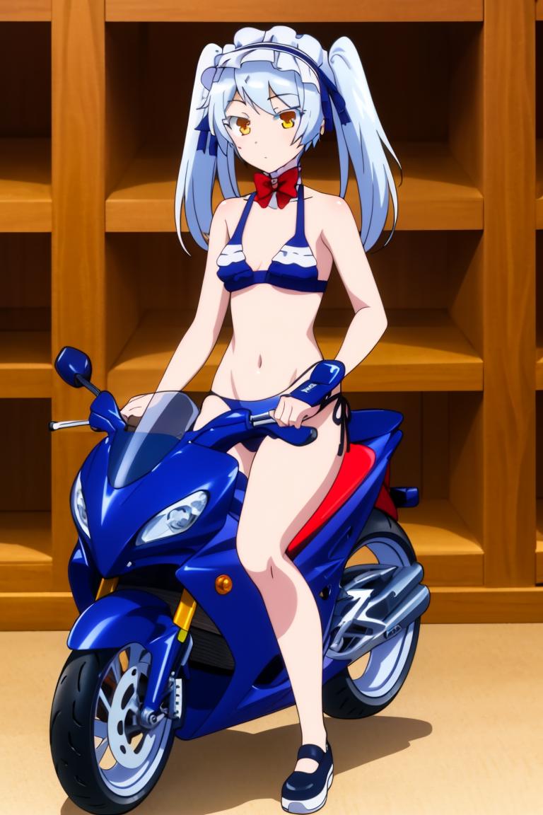 (masterpiece, best quality, high quality, highres, ultra-detailed),shape image, 1girl,solo,(riding motorcycle,:1.3),full body,twintails,Mary Janes shoe, looking at viewer,  long hair, brown eyes, (Leen's  bule bikini:1.3), <lora:leen_trian3:0.9>,red bow tie,library background ,