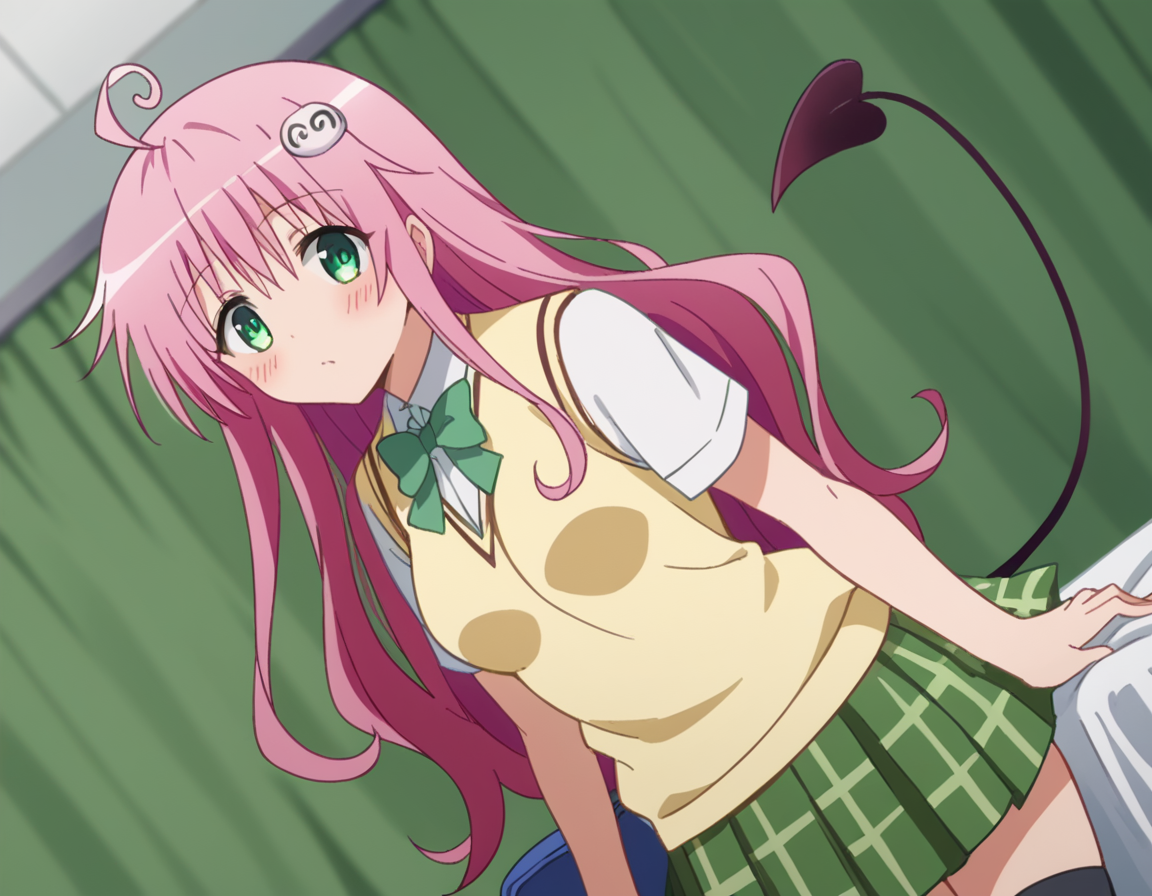 score_9, score_8_up, score_7_up, source_anime,
laladeviluke, <lora:lala-deviluke-darkness-ponyxl-lora-nochekaiser:1>,
lala deviluke, long hair, pink hair, tail, ahoge, bangs, hair ornament, green eyes,
demon tail, green skirt, plaid, plaid skirt, sainan high school uniform, school uniform, skirt, sweater vest, thighhighs, yellow sweater, short sleeves, bow, green bow,
indoors, bed, bed room, on side, blush, drunk,
looking at viewer, cowboy shot, dutch angle, solo,