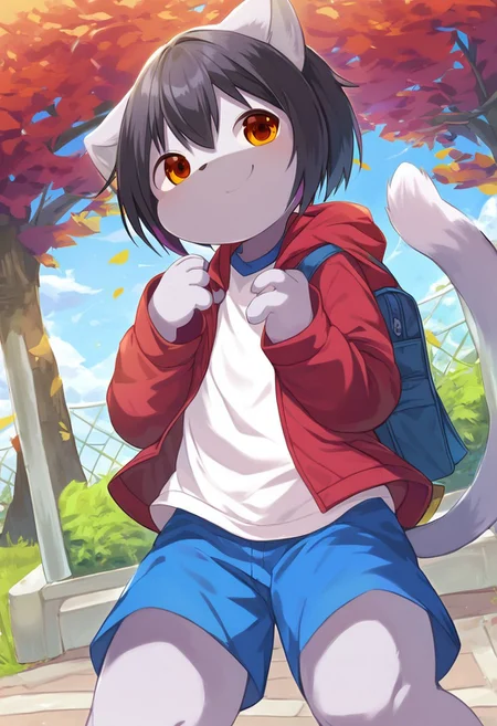 aoino_style, solo, anthro, kemono, furry, fur, 1boy, solo, black hair, 4 fingers, cat boy, grey cat ears, grey cat tail, grey fur, eyes closed, smiling, leopard marks on skin, pink pawpads, leopard fur, leopard skin, smile, happy expression, young, cute, cute face, detailed skin, perfect eyes, detailed eyes, perfect hands, perfect face, happy, big smile, BREAK blue shorts, red shirt, school bag, BREAK park, outdoors, colorful, looking at viewer, daylight, bright, dutch angle, BREAK ((ultra-detailed)), ((best quality)), ((best quality)), ((beautiful eyes)), ((extremely detailed)), 4K, (8K), best quality, (beautiful), Master piece, highres, score_9, score_8_up, score_7_up, score_6_up, score_5_up, score_4_up, colorful, best quality, official art, highres, masterpiece, nai3, god light, detailed background, high quality background,