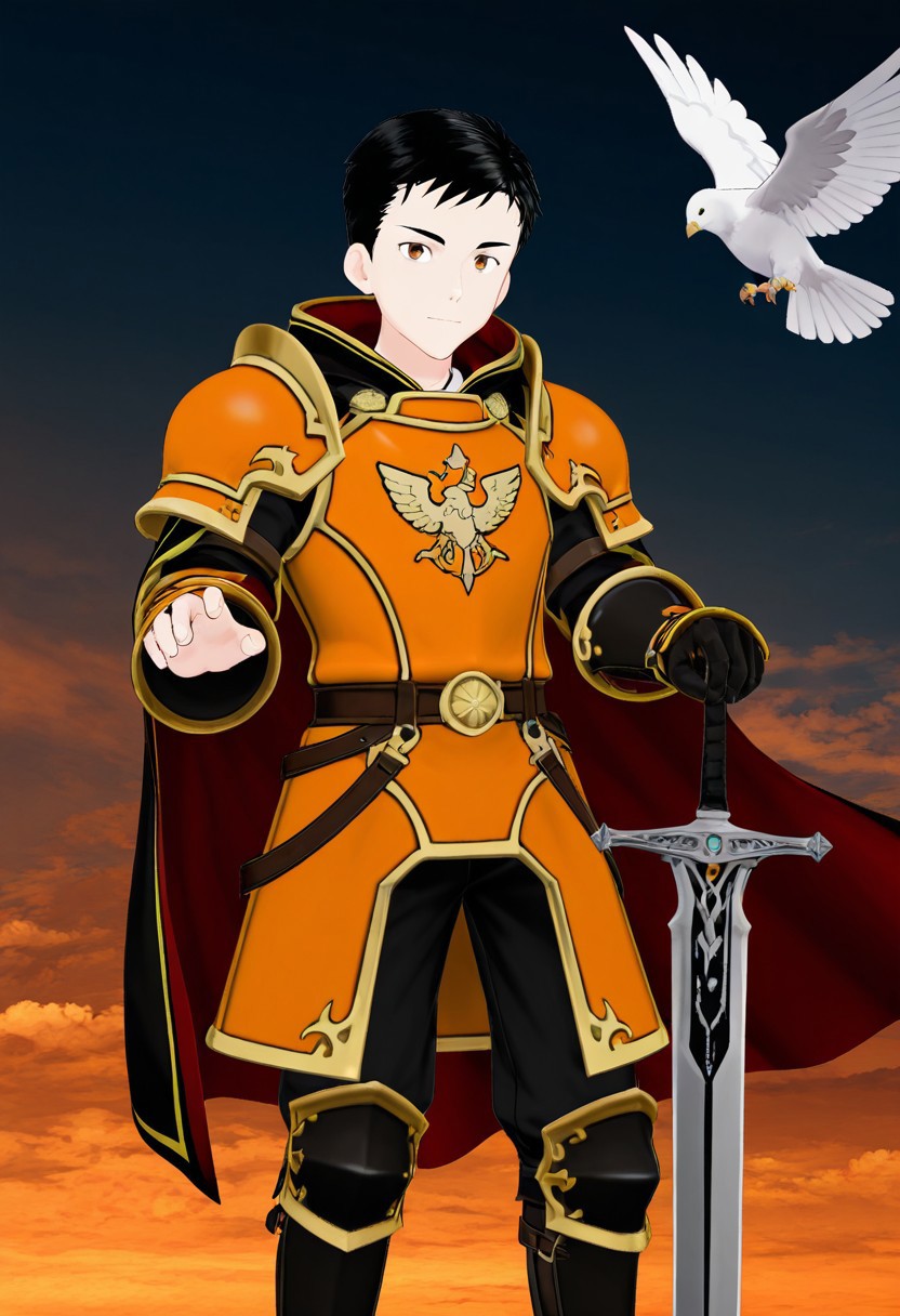harmard, black hair, short hair, brown eyes, 1boy, solo, solo focus, young, youthful, he is dressed in a suit of dark iron platemail. Break. his right hand is holding up a black coloured sword, Properly holding the sword by the hilt, right hand up, brandishing a sword, his armour bears a crest of a yellow dove. fantasy armour. stylized silver dove emblems and symbols on armour and sheild. Break. epic background is a a beautiful palace. a strong wind is blowing his cape, orange coloured armour, ready to fight pose, dawn sky in the background
