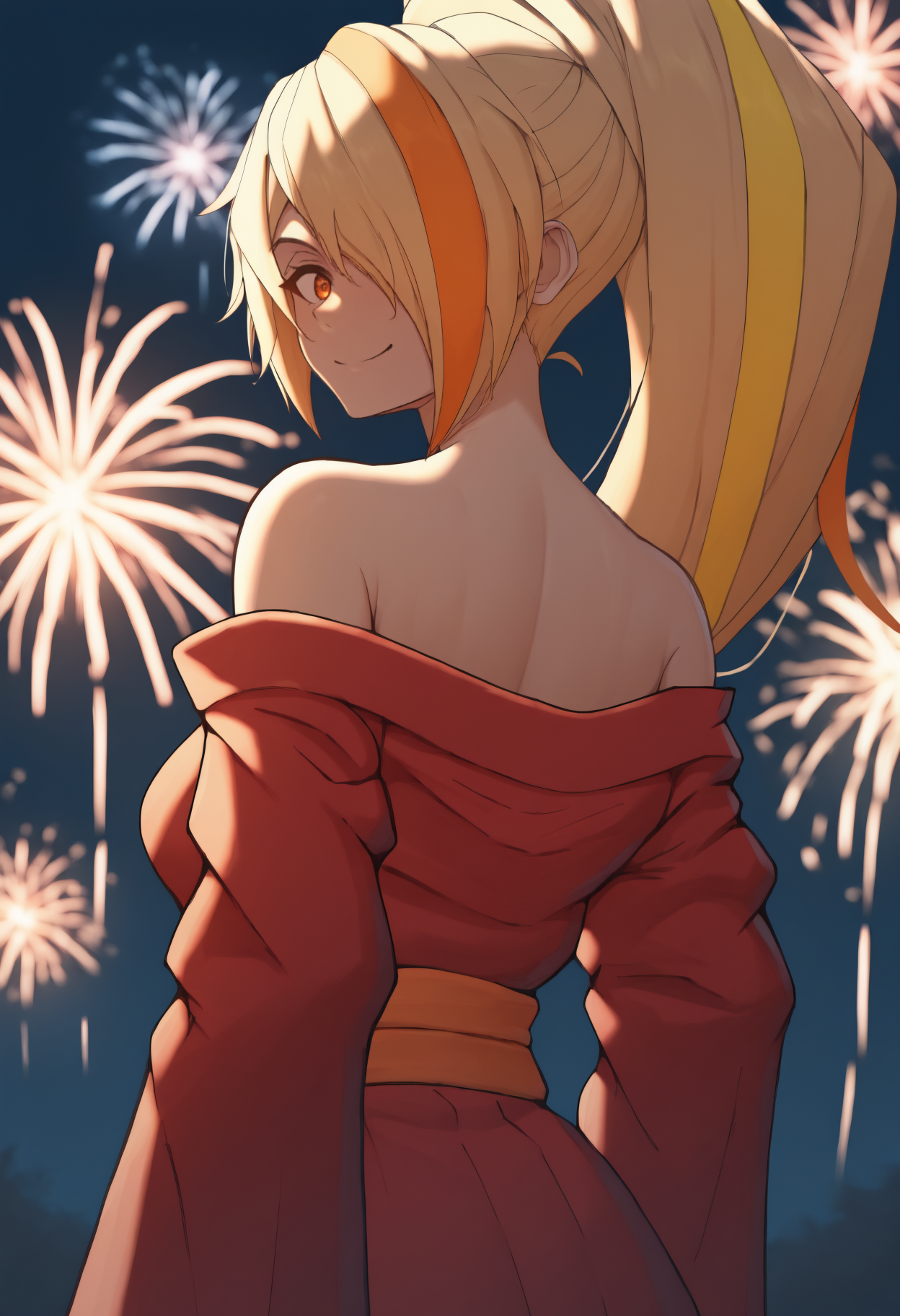 anime, masterpiece, best quality, newest, from behind, solo, 1girl, s4k1def, smile, looking back, streaked hair, blonde hair, orange hair, hair over one eye, ponytail, orange eyes, japanese clothes, red kimono, off shoulder, orange sash, bare shoulders, outdoors, night, fireworks
<segment:yolo-Anzhc Face seg 640 v2 y8n.pt,0.4,0.5//cid=1>