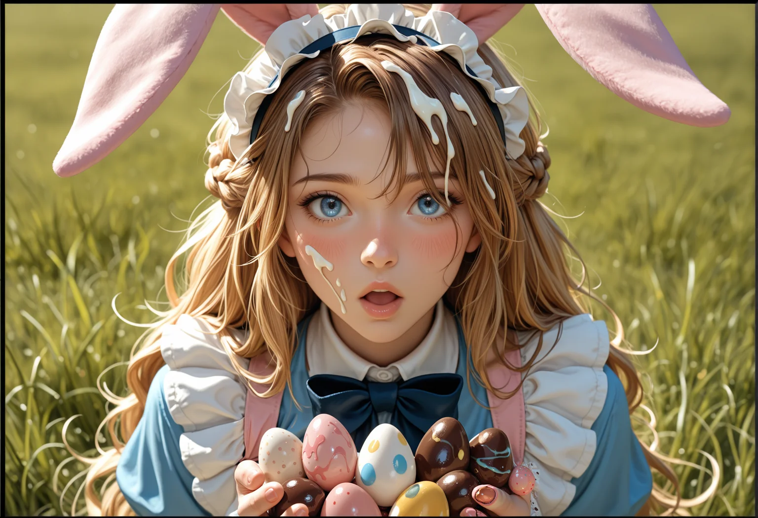 masterpiece, detailed_eyes, high_quality, best_quality, highres, subject_focus, depth_of_field,
woman, blue_eyes, blonde, brown_hair, asymmetrical_bangs, messy_hair, joy, messy_hairdo, hair_over_eyes, long_hair, french_braid, blue_eyes, blush, looking_at_viewer, :o,
bunny_ears, maid_headband, apron, bowtie, holding_eggs, chocolate_eggs, melted_chocolate,
black_background, thin_border_frame, pink, blue,
frosting in her hair, grass stains on her dress, many jellybeans in her apron