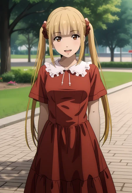 anime screencap,
<lora:DarwinsGame_KarinoShukaXL:0.9>,
1girl, solo, open mouth, upper teeth only, light smile, head tilt,
long hair, blonde hair, twintails, multicolored eyes, white pupils, blunt bangs, hair scrunchie, red scrunchie,
ShukaCasual, red dress, short sleeves,
arms at sides, cowboy shot, standing, looking at viewer,
park, grass, tree, pavement, blurry background