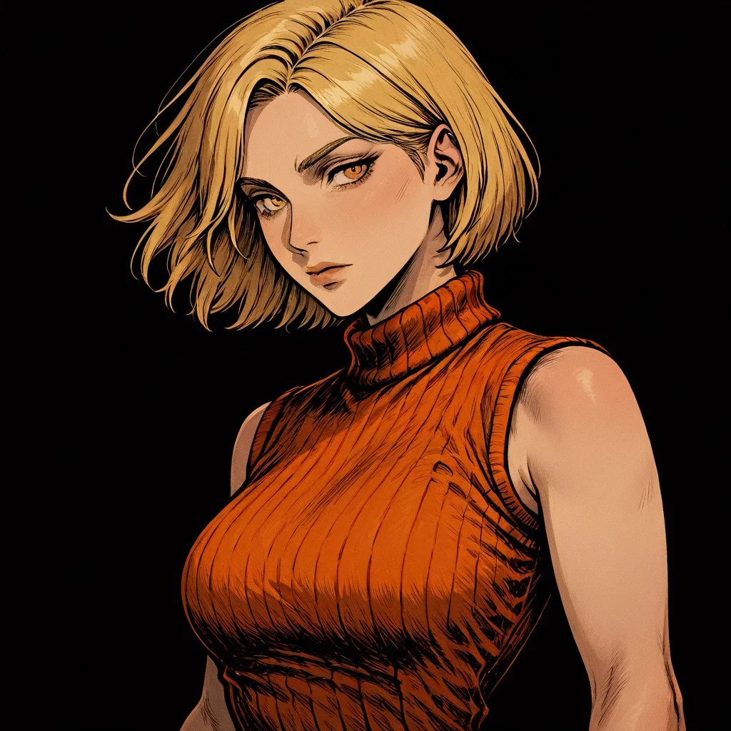 masterpiece, best quality, newest, absurdres, highres, NFCV1.0,
1girl, ashley graham (resident evil), blonde, orange shirt, blonde hair, orange sweater,
sleeveless, sleeveless sweater, sleeveless tutrleneck, turtleneck, short hair, curtained hair,