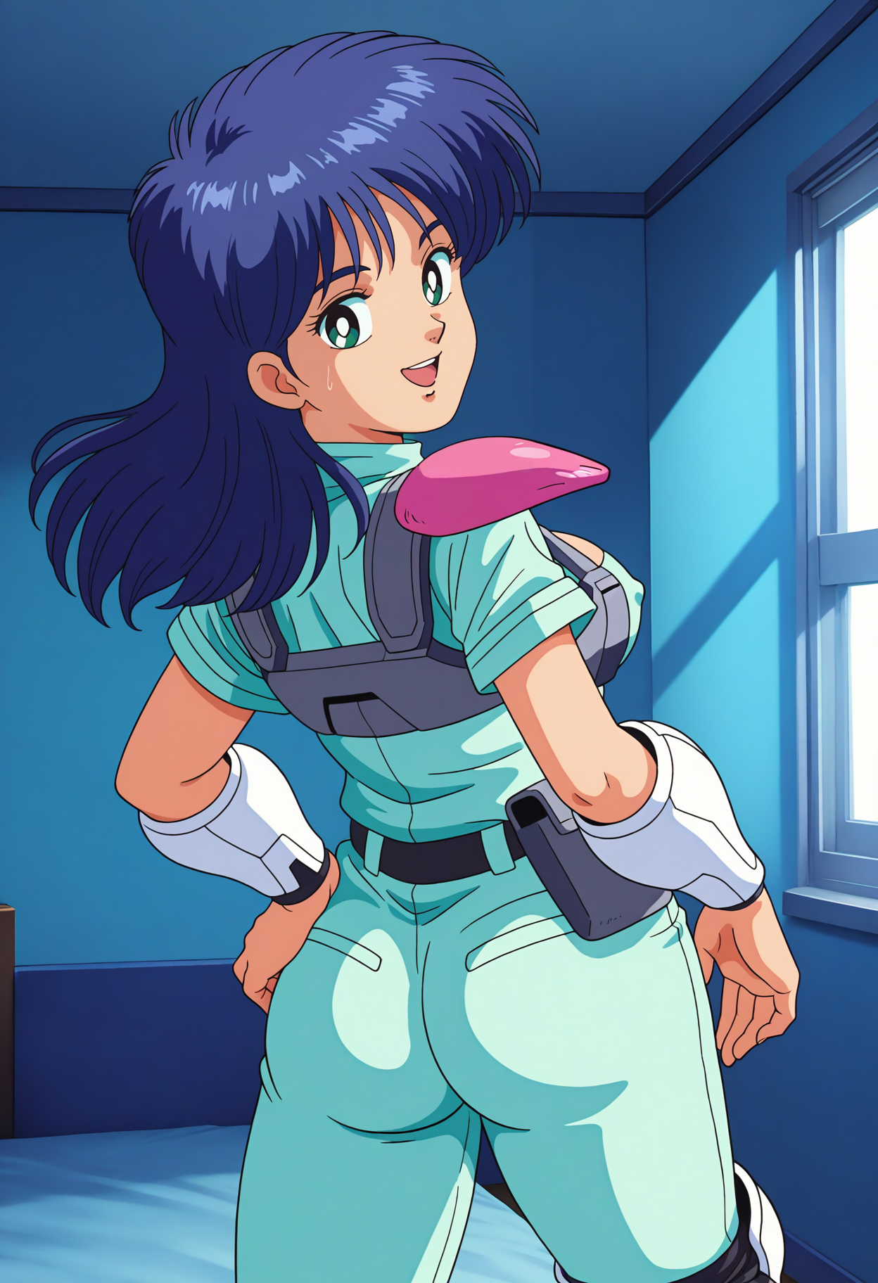 best hands, 5 fingers, perfect hand, <lora:ZILLION_Apple_IL1.6:0.8>cowboy shot, from behind, looking back, ass,
ZILLION_Apple, anime_style, 1girl, solo, blue long hair, sweatdrop, smile,  open mouth, medium breasts,
cleavage cutout, pink shoulder pads, Aqua Short Sleeve, Aqua Pants, futuristic chest protector (blue and white color scheme, armored design), belt, Pink Knee Pads, white Gauntlet, white boots, covered nipples, No gloves
hand on own hip, 
indoors, bedroom, window, shadow,