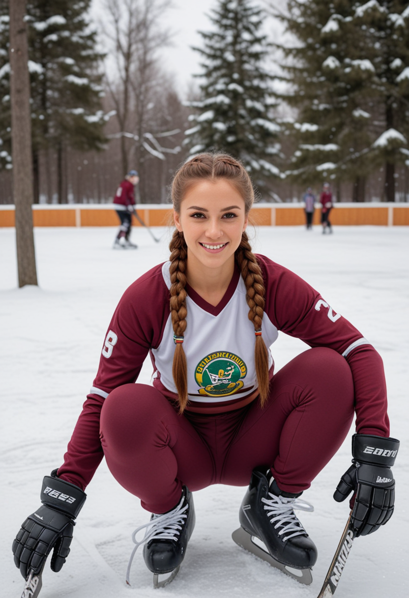 (medium full shot) of man, (strong hockey player) young woman, brazilian, tan skin, hazel eyes, willowy build, extra long red french braid hair,  wearing a maroon crisp white jersey,  sweatpants, ice skates, gloves, set in  Outdoor Rink, surrounded by trees, fresh snow on the ground, a small warming hut nearby, benches for changing skates, kids playing hockey, adults skating leisurely, woman smiling at the viewer, Masterpiece,best quality, photo, realistic, very aesthetic, detailed face,
