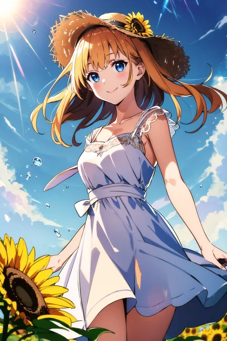 (from below dutch angle:1.2),sunflower field scenery,
blue sky,rainbow,water drop,
cutie girl wearing simple white dress,straw hat on head,
floating hair,wind,smile,
(depth of field:1.3),(lens flare:1.1),