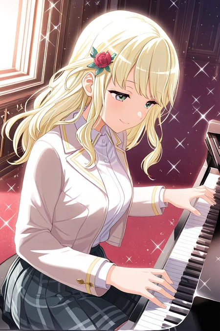 masterpiece, best quality, amazing quality,
<lora:Shiori_IL:1> shiori, 1girl, piano, instrument, hair ornament, blonde hair, flower, long hair, indoors, solo, playing instrument, hair flower, smile, jacket, school uniform, long sleeves, closed mouth, white shirt, bangs, light particles, red flower, rose, shirt, sparkle, collared shirt, music