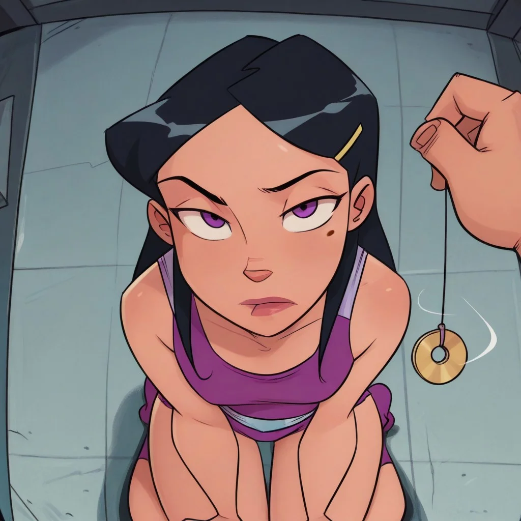 1girl, JmoxComic, mandy_totally_spies, black hair, long hair, purple eyes, mole under eye, hair ornament, petite,
blank expression, pov, kneeling, from above, looking at viewer, hypnosis, pendulum,
masterpiece, best quality, very aesthetic, absurdres,