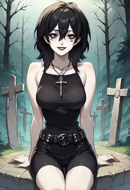 D_endless, anime screencap, 1girl, black hair, medium hair, hair between eyes, pale skin, white body, medium breasts, facial mark, necklace, ankh necklace, black top, bare shoulders, studded belt, black lips, goth, looking at viewer, forest, sitting, smile, overcast, graveyard, source_cartoon, score_9, score_8_up, score_7_up, score_6_up, score_5_up, score_4_up, ponypositive,