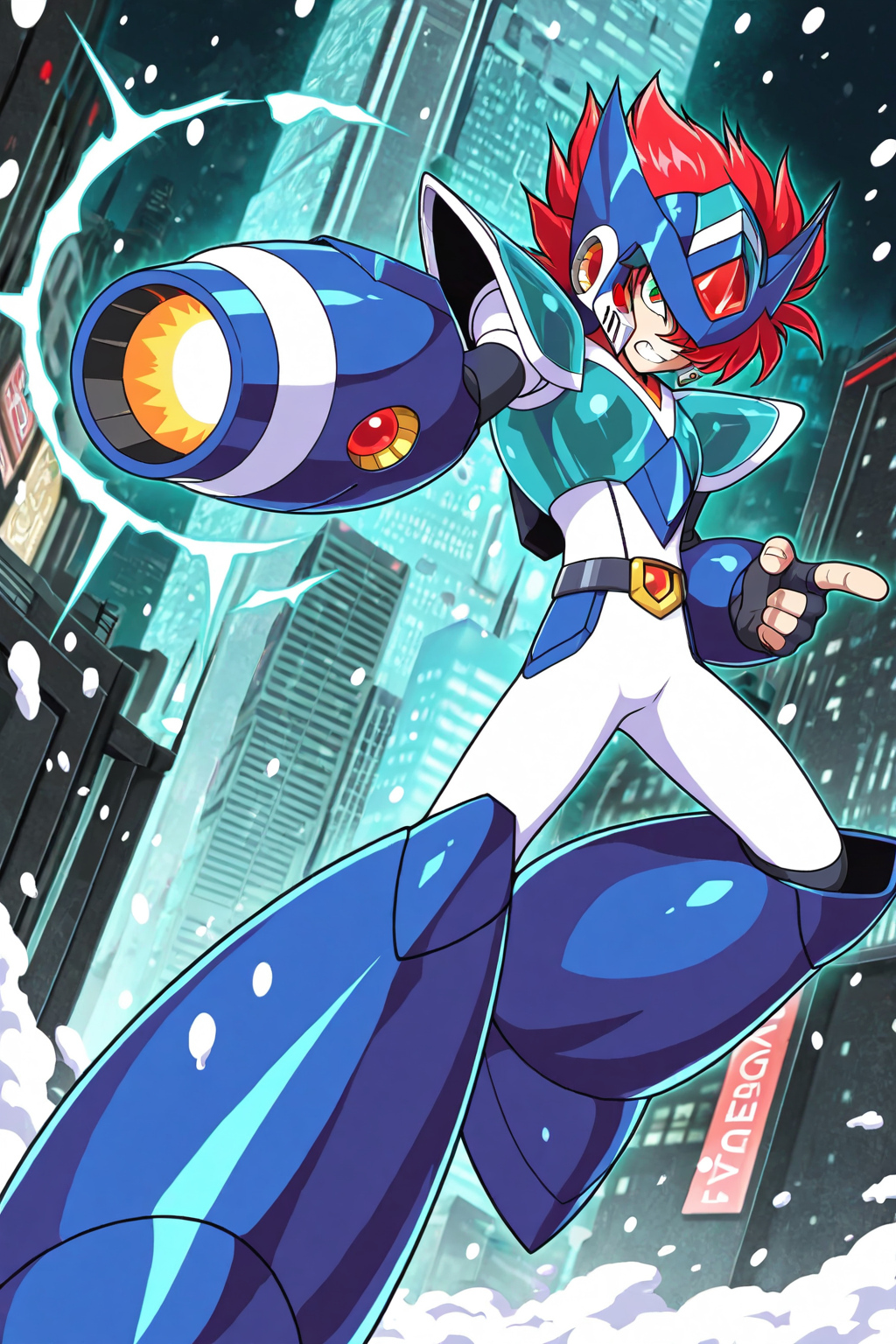 masterpiece,best quality,amazing quality, XOVER, SSALBE, 1boy, male focus, wavy hair, short hair, pink-red hair, hair over one eye, green eyes, robot armor, megrez forehead protector (red eyes), megrez armor, teal pauldrons, teal breastplate, belt buckle, white bodysuit, teal fingerless gauntlets, (arm cannon, pointing arm cannon at viewer), looking at viewer, (mega man x:0.6), mid-air, jumping pose, from the side, side, falling snow, cyber city background, night time, teeth, angry, dynamic pose, upper body