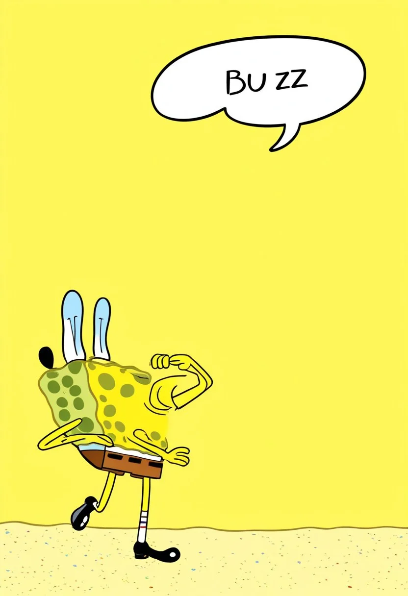 spongebob, slouching, sad, looking down, walking, dejected, depressed, speech bubble saying "buzz... buzz... buzz...", bikini bottom background